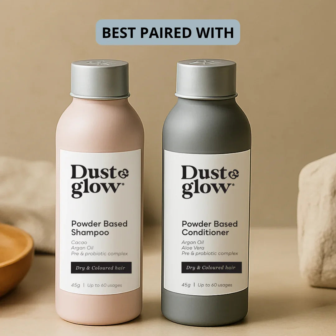 Dust & Glow powder based shampoo and conditioner for dry & coloured hair, eco-friendly hair care duo