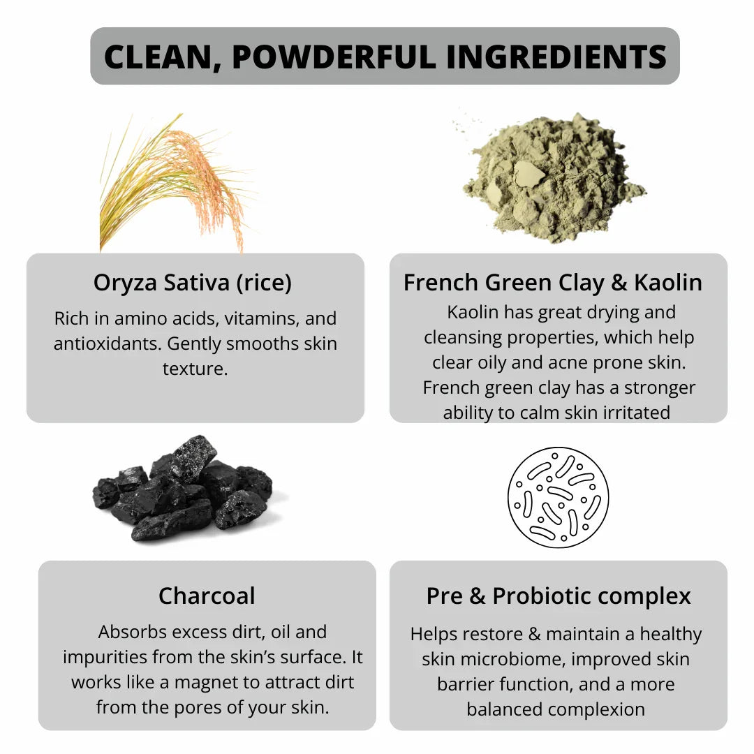 Clean, powder-based skincare ingredients: rice, green clay, charcoal, probiotics for eco-friendly, low-tox skin care