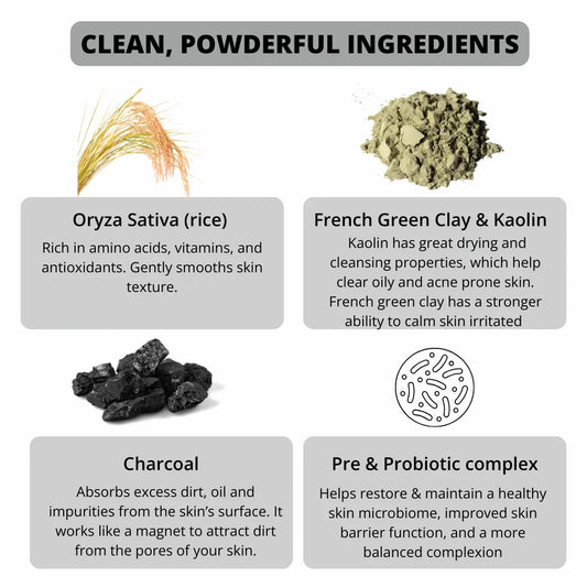 Clean, powder-based skincare ingredients: rice, green clay, charcoal, probiotics for eco-friendly, low-tox skin care