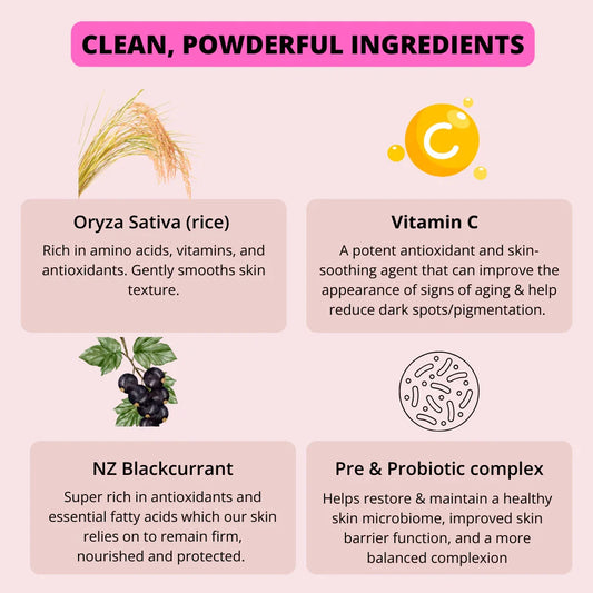 Clean, powder-based skincare ingredients: rice, vitamin C, NZ blackcurrant, pre & probiotic complex for healthy skin