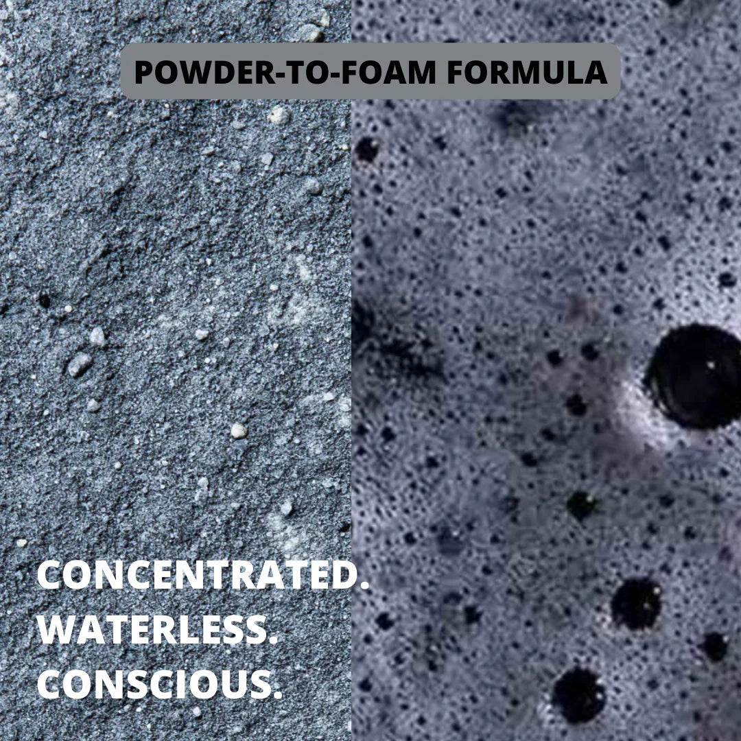 Powder-to-foam formula: concentrated, waterless, conscious skincare for sustainable routines