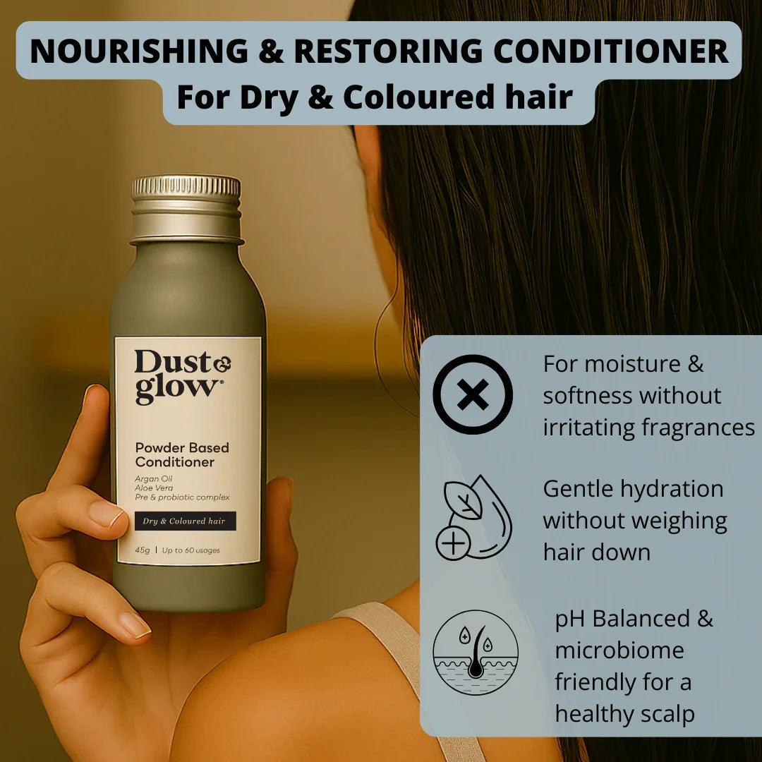 Dust & Glow powder conditioner for dry & coloured hair, eco-friendly, low-tox, nourishing & restoring