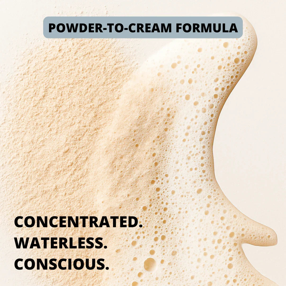 Powder-to-cream formula: concentrated, waterless, conscious skincare for sustainable routines