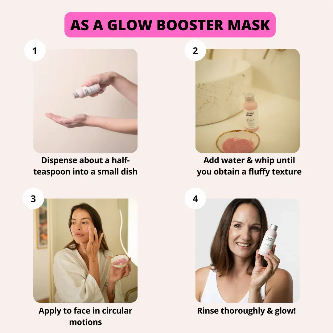 Eco-friendly glow booster mask steps: dispense, whip, apply, rinse for radiant skin