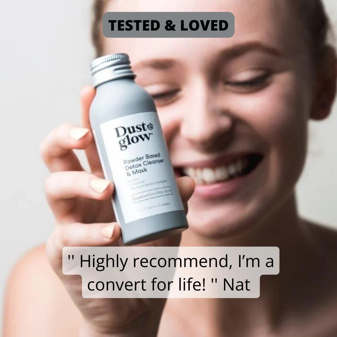 Happy woman holding Dust & Glow powder cleanser & mask, eco-friendly waterless skincare for glowing skin