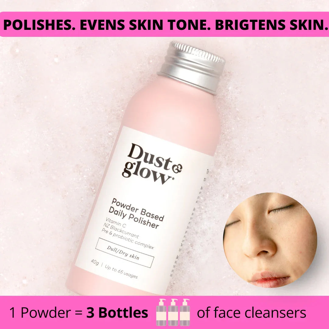 Pink bottle of Dust & Glow powder-based daily face polisher for dull/dry skin, evens tone & brightens