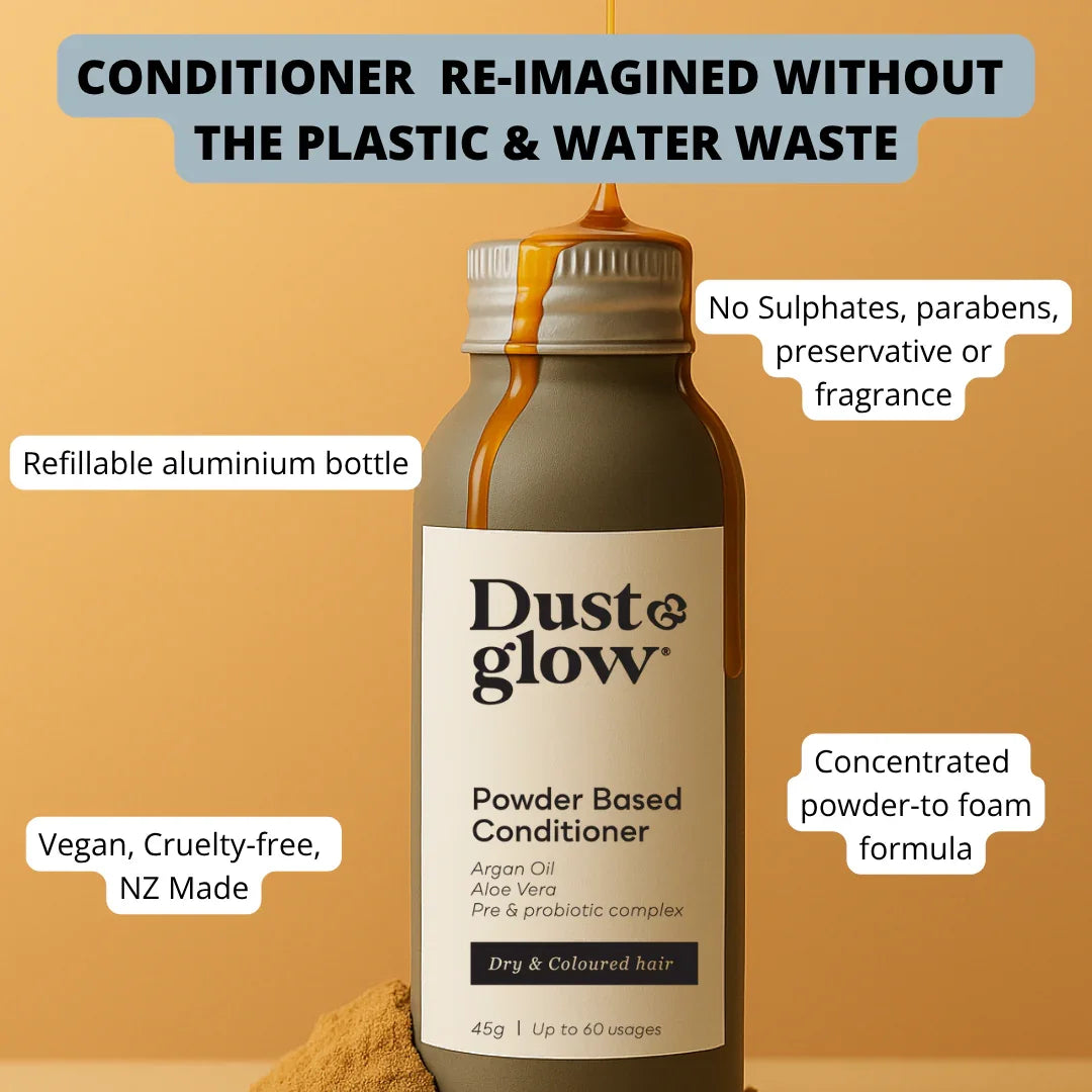 Dust & Glow powder-based conditioner in refillable aluminium bottle, vegan, cruelty-free, NZ made, no sulfates or fragrance