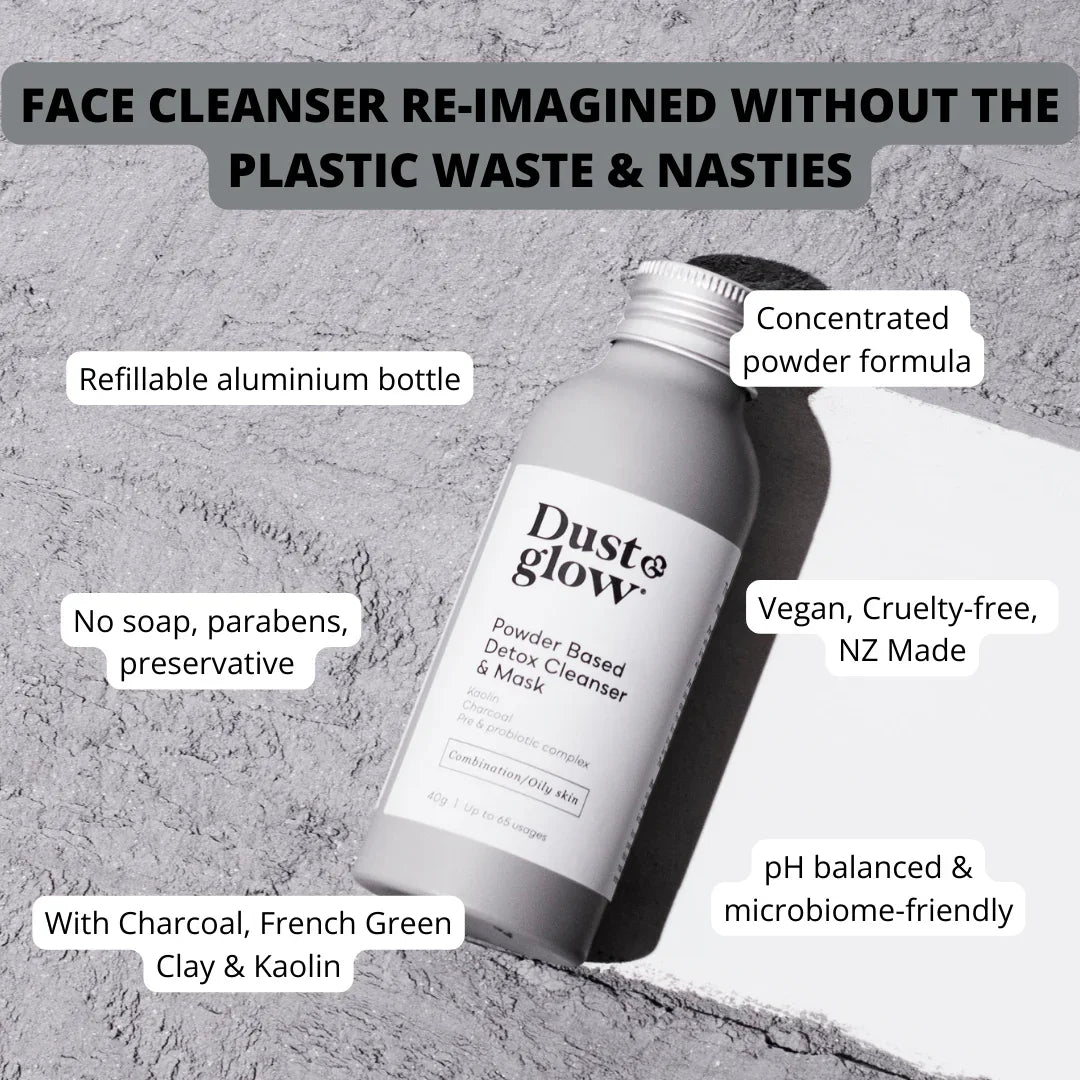 Dust & Glow powder face cleanser in refillable aluminum bottle, vegan, cruelty-free, NZ made, with charcoal & clay