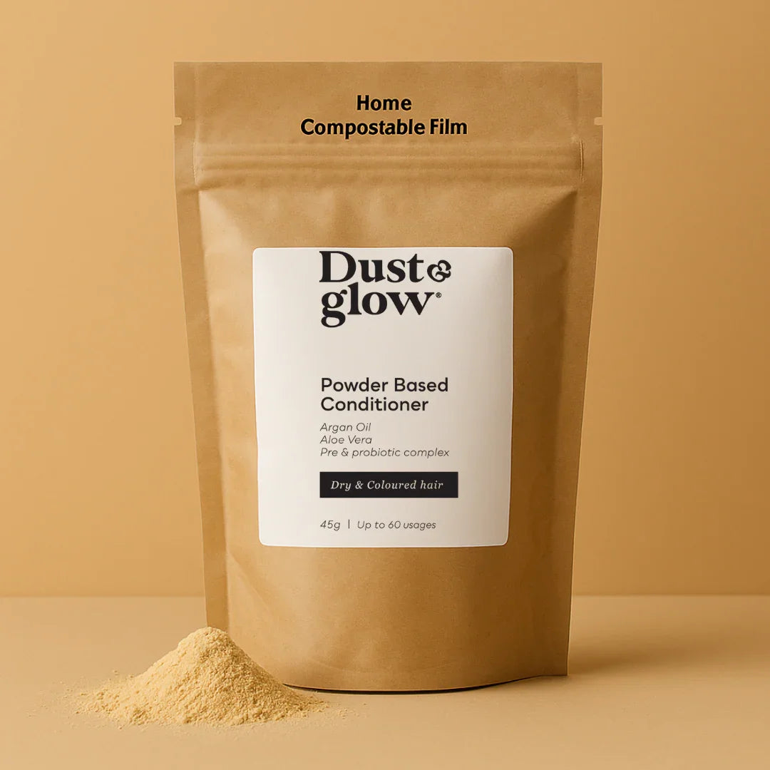 Dust & Glow powder based conditioner for dry & coloured hair, eco-friendly, compostable packaging