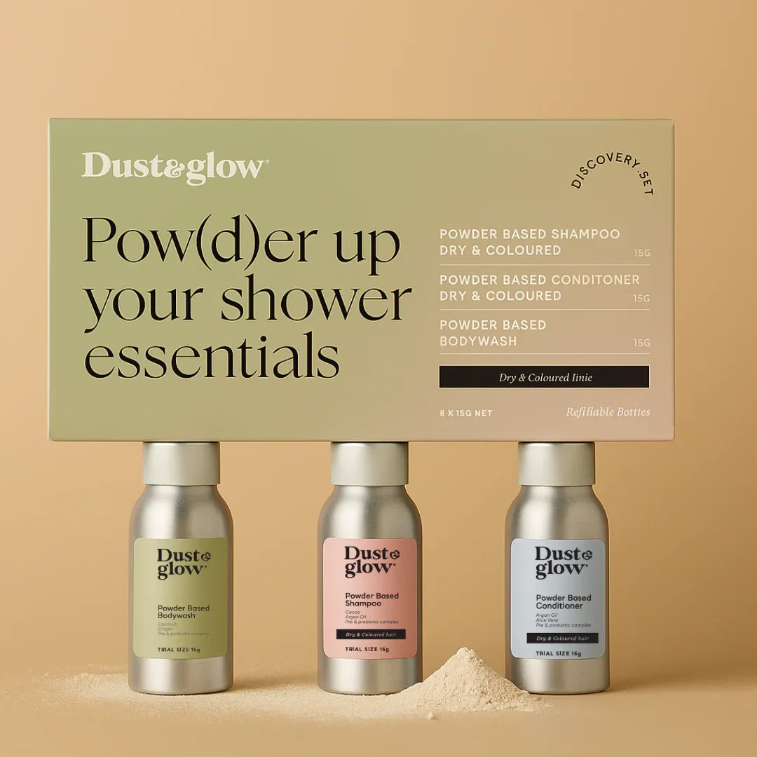 Dust & Glow powder-based shampoo, conditioner, bodywash trial set in refillable bottles for dry & coloured hair