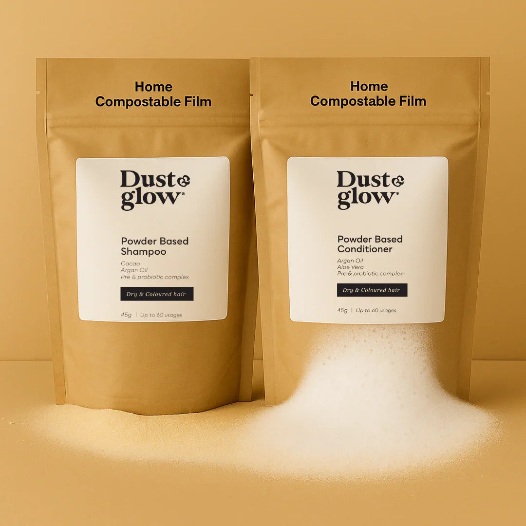 Dust & Glow powder shampoo and conditioner in compostable pouches for dry & coloured hair