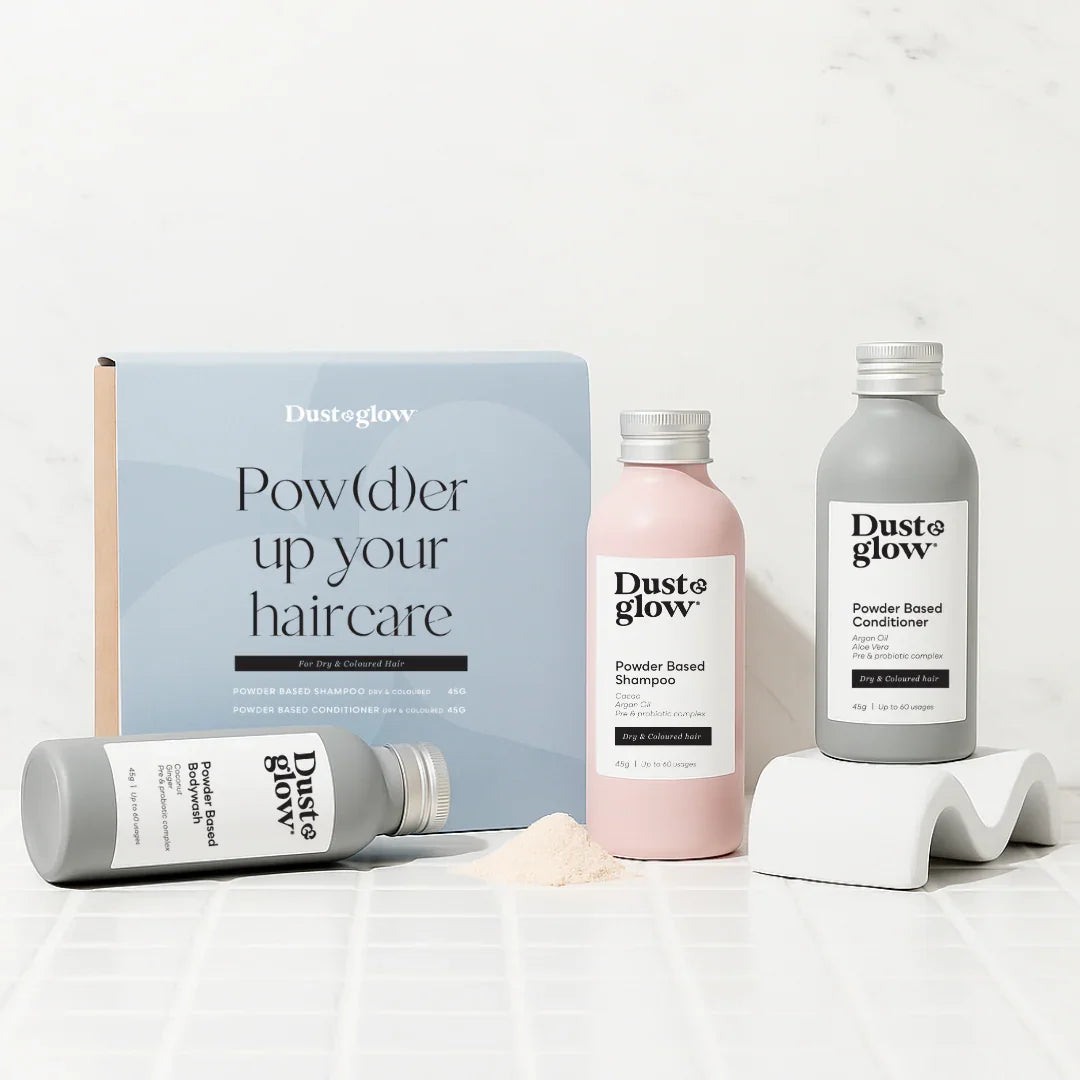 Dust & Glow powder-based shampoo and conditioner for dry & coloured hair, eco-friendly haircare set