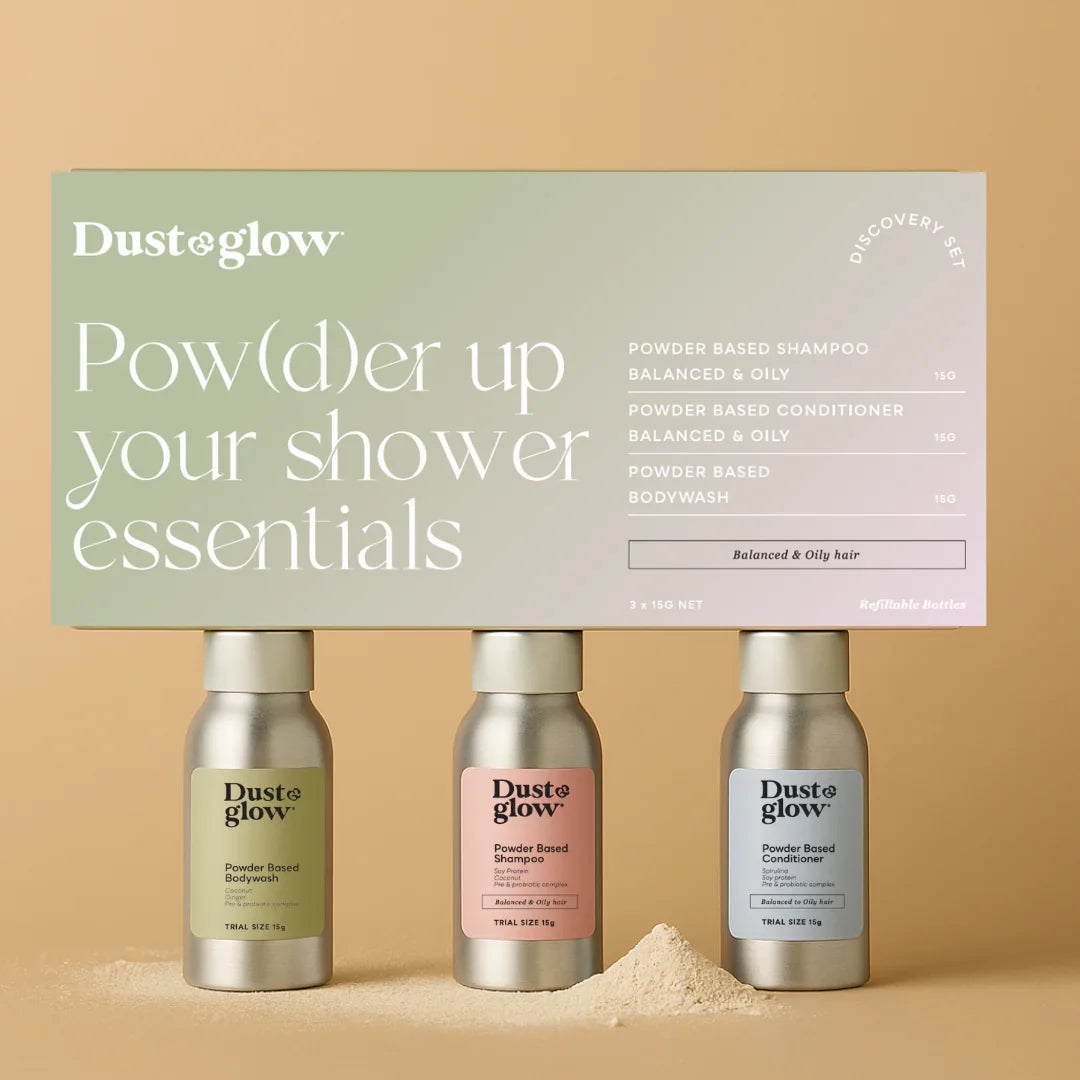 Dust & Glow powder-based shampoo, conditioner, bodywash trial set for balanced oily hair, eco-friendly refillable bottles
