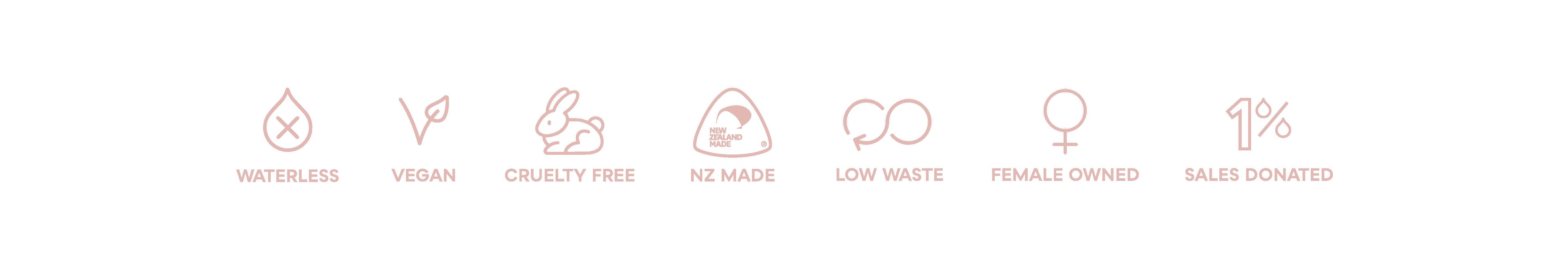 Waterless, Vegan, Cruelty Free, Naturally derived, NZ Made, Low waste, Female owned & 1% of sales donated. Beauty that cares