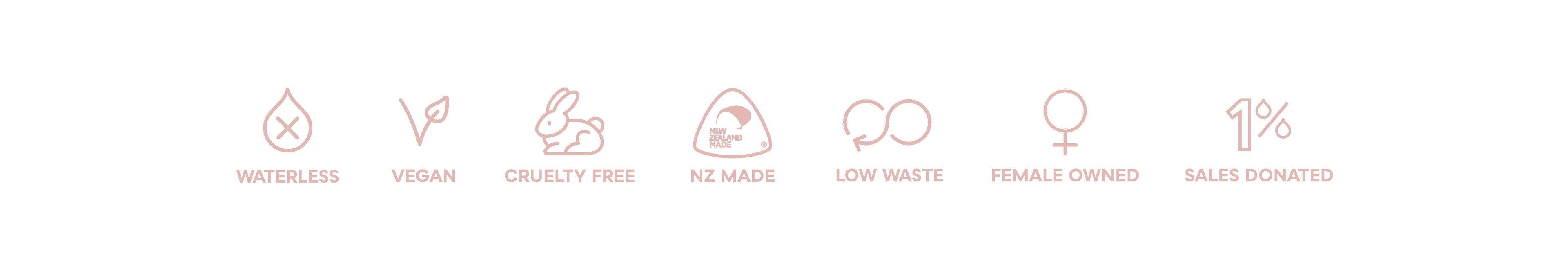 Waterless, Vegan, Cruelty Free, Naturally derived, NZ Made, Low waste, Female owned & 1% of sales donated. Beauty that cares
